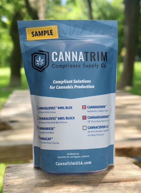 A bag of CannaTrim samples with a park in the background