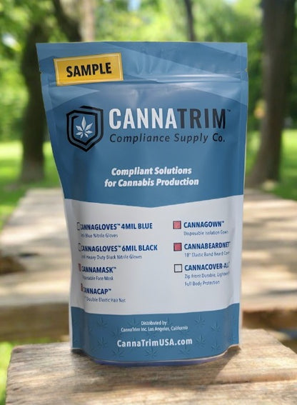 A bag of CannaTrim samples with a park in the background